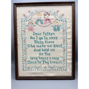 Vtg Framed Cross Stitch Prayer Embroidery Bedtime Prayer Nursery Angel